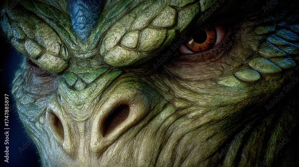 Obraz premium Intricate close-up of a reptile's face, showcasing its detailed scales and textured skin in shades of green, blue, and brown.