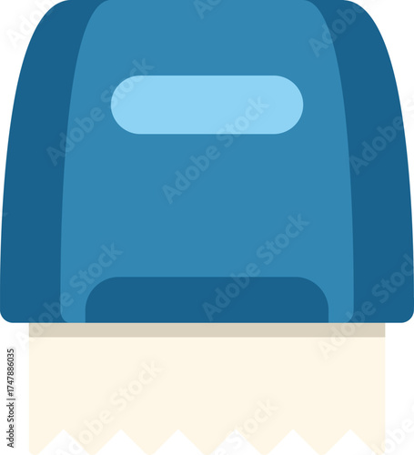 Blue wall mounted paper towel dispenser dispensing a paper towel, flat cartoon vector illustration isolated on white background