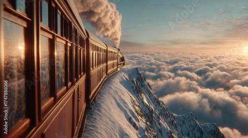 Train journey above the clouds, a scenic ride on the mountain top. Sunlight and dreamy cloudscape provide stunning views.