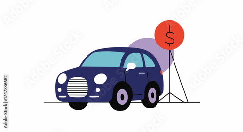 Cartoon car illustration with a dollar sign balloon for automotive sales deals