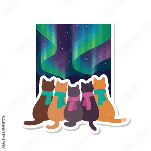 Five cats wearing scarves are looking at the aurora borealis in a colorful illustration.