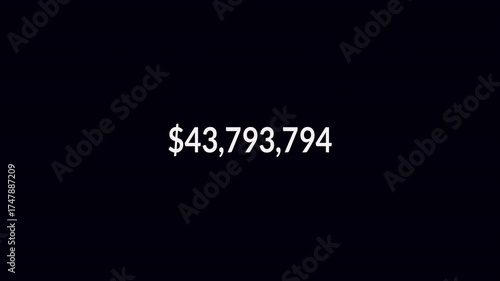 Seventy million dollar counting animation from zero to seventy  million on a transparent background, 70,000,000 dollar money counter animation with alpha channel in 4k