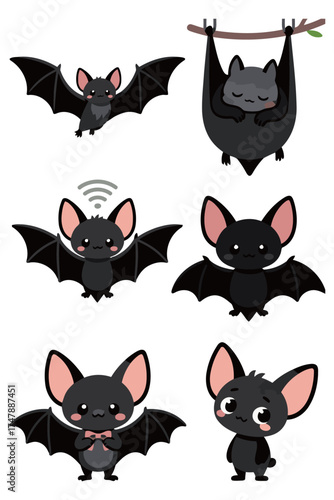 Cute Cartoon Black Bat Character Vector Set Hanging Upside Down and Showing Different Expressions