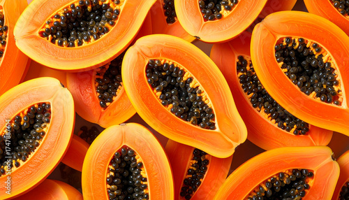 Sliced papaya fruit showing black seeds and orange flesh close up