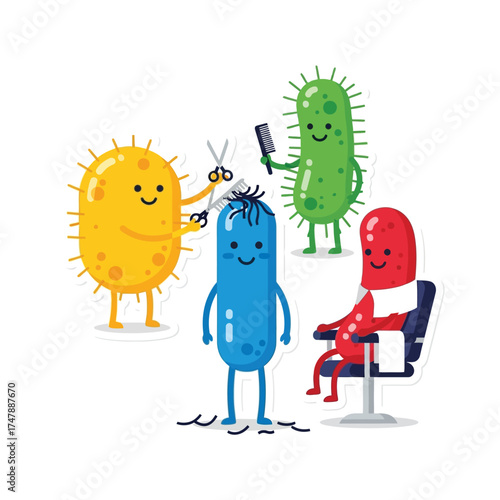 Cartoon bacteria characters in a barbershop setting, one getting a haircut, another waiting in the chair, and one holding a comb.