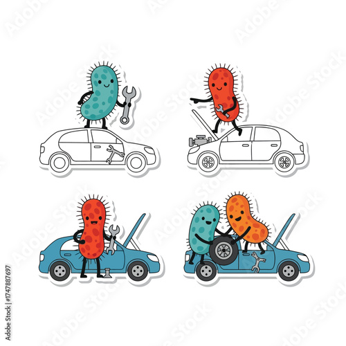 Cartoon bacteria characters working on and repairing various car models, illustrating automotive maintenance.
