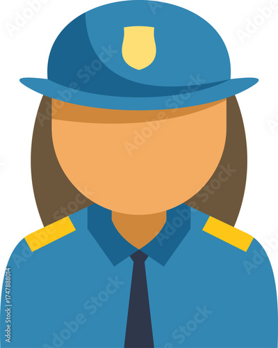 Faceless illustration of a female police officer wearing a blue uniform and hat, representing law enforcement and security