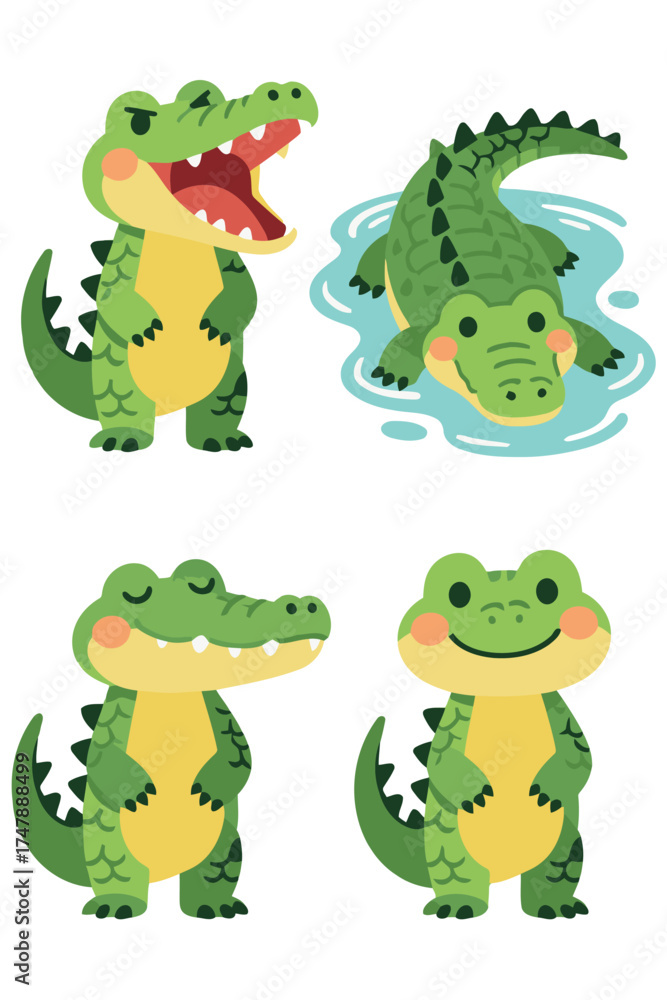 Naklejka premium Cute Cartoon Alligator or Crocodile Character Vector Set Roaring, Swimming, and Smiling