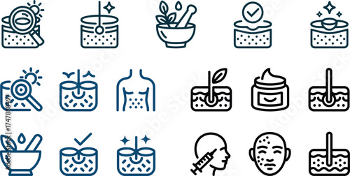 Dermatology and Skincare Icons Representing Various Skin Conditions and Treatments for Healthy Skin and a Youthful Appearance with Different Therapies