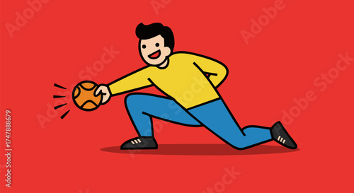 Man in yellow shirt throwing an orange ball against a vibrant red background art