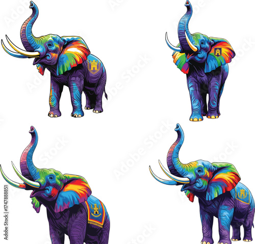 Colorful elephants with tusks and crests rainbow purple