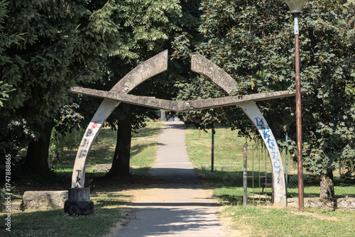 Bosnia and Herzegovina, Brčko, Kolobara: Partisan Memorial Cemetery – gate