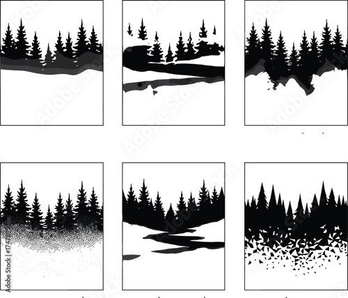 Stylized forest landscape panel set, coniferous tree silhouettes with textured terrain, black and white nature vector illustration, seasonal woodland scenes, abstract outdoor design