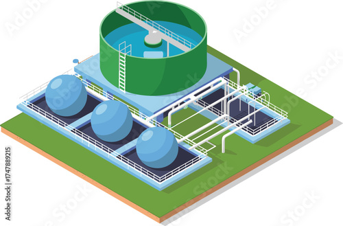 isometric 3d illustration of modern water treatment plant with storage tanks, pipelines, purification system, clean water industrial facility design