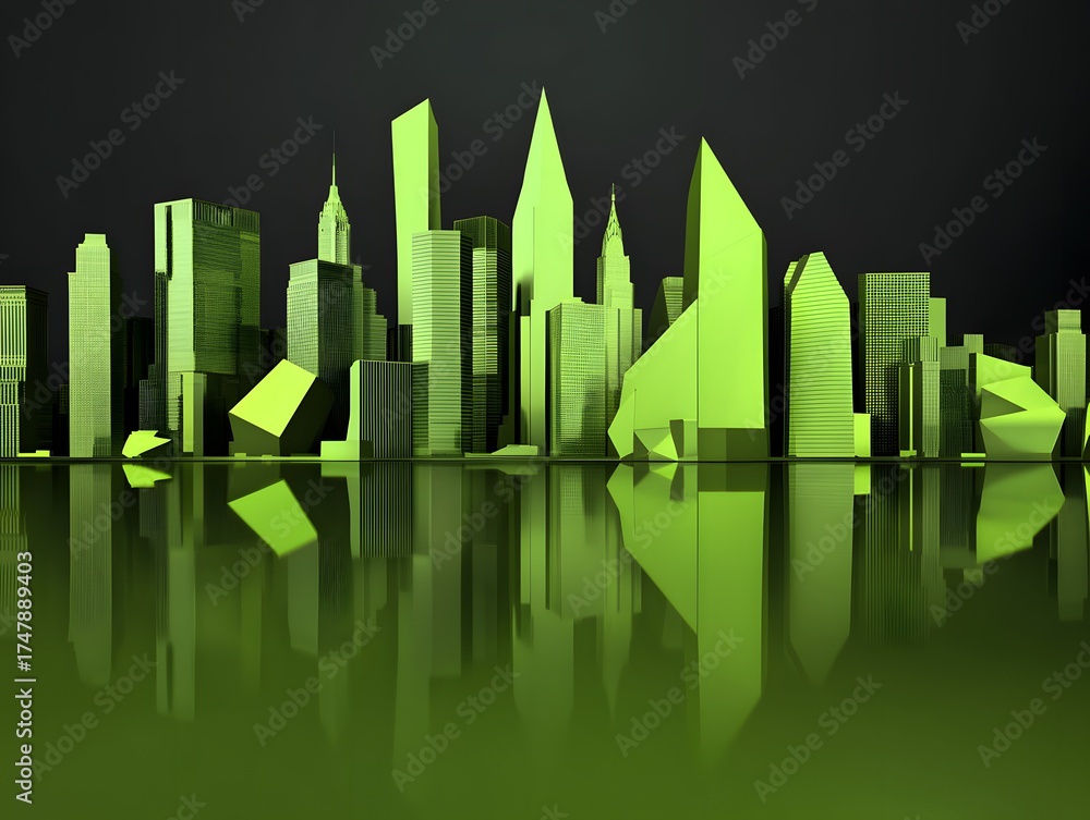 Fototapeta premium Green Cityscape Skyline Reflection Modern Architecture