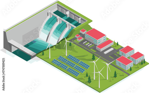 isometric 3d illustration of renewable energy facility with hydroelectric dam, solar panels, wind turbines, eco friendly power generation concept