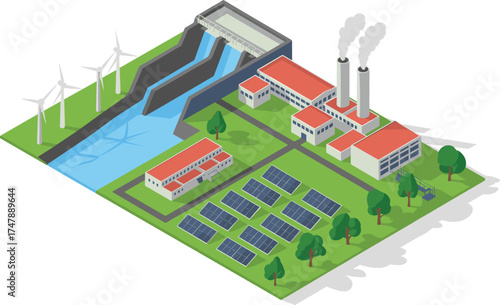 isometric 3d illustration of renewable energy power plant with hydroelectric dam, wind turbines, solar panels, eco friendly electricity generation