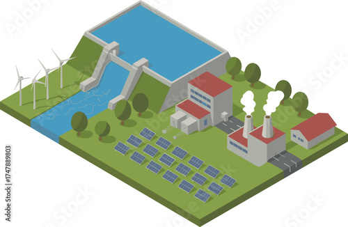 isometric 3d illustration of renewable energy power plant with hydroelectric dam, wind turbines, solar panels, eco friendly electricity generation