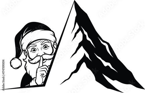 mountain and shh gesture, festive Christmas icon, secret holiday scene, black and white winter vector illustration, whimsical seasonal design