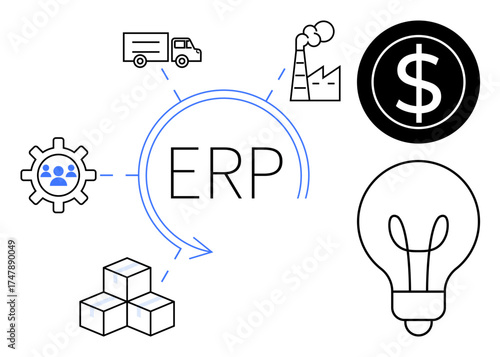 Circular ERP concept with gear for teamwork, truck for logistics, factory for production, dollar for finance, light bulb for ideas, and boxes for inventory. Ideal for business, technology, supply