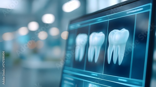 3D model of healthy teeth on a monitor screen in a modern dental clinic. Diagnosis and healthcare concept