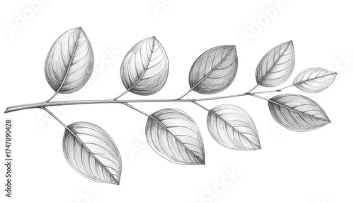 Realistic, grayscale depiction of a branch with multiple detailed leaves, on black