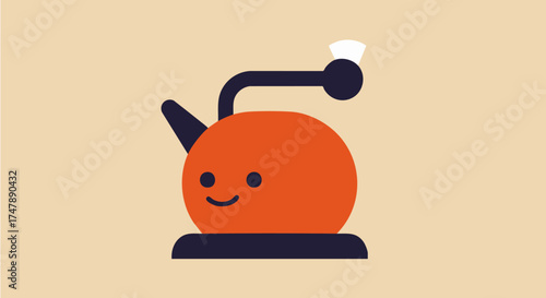 Cheerful orange teapot with a smiling face and dark blue base on a beige background