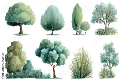 A collection of various green trees and shrubs illustrated with different shapes and textures