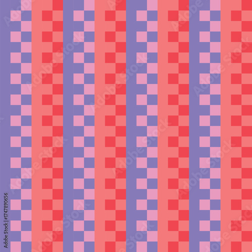 Pattern created from purple and coral stripes and purple, pink, coral and red squares