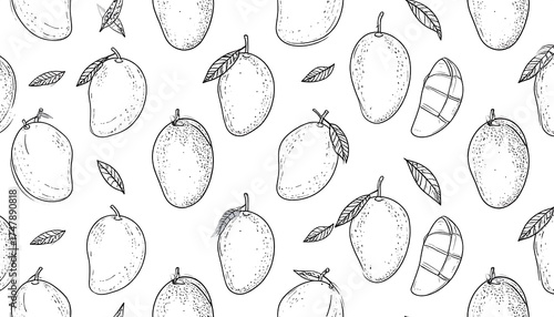 Hand-drawn mango pattern on white background.  Detailed line art of whole and sliced mangoes, with leaves.  Repeating design