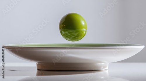 Green olive levitating above a shallow dish