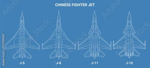 Set of chinese fighter jet in blueprint style from top view. Vector illustrations j-5, j-6, j-11, j-15 fighter jet. Lineart various military combat aircraft design from china.