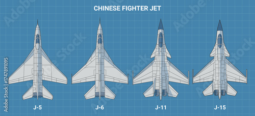 Set of chinese fighter jet in blueprint style from top view. Vector illustrations j-5, j-6, j-11, j-15 fighter jet. Various military combat aircraft design from china.