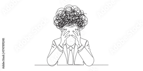 Minimalist line art illustration of a stressed person holding head with messy scribble lines symbolizing anxiety, confusion, or mental overload, workplace stress, burnout, and emotional exhaustion.