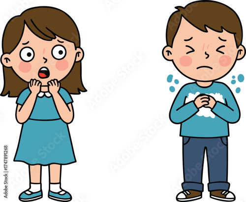 Cartoon children showing surprised and sad emotional expressions with tears and wide eyes for kids education, feelings, and vector illustration
