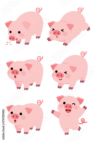 Cute pig cartoon character set. Collection of funny and adorable piglets in different poses and emotions. Pink farm animal mascot vector illustrations for kids, isolated on white background.