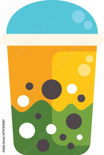 Plastic cup containing a refreshing bubble tea beverage, showing tapioca pearls and layers of different flavors