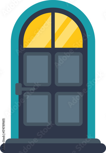 Classic arched exterior door with a yellow window and metal handle, representing home entrance, security, and architectural design