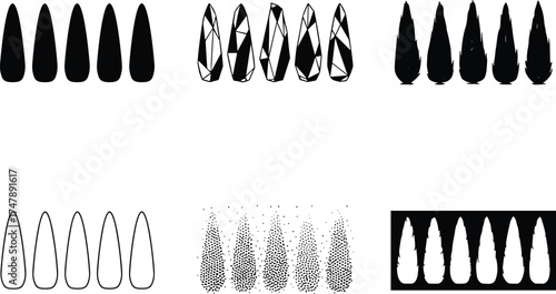 Teardrop shape icon set, stylized vector pack with solid, geometric, textured, outline, halftone, and inverted designs, black and white abstract illustration