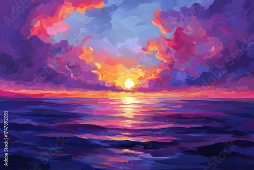 Vibrant Sunset Over Ocean Waters with Colorful Cloud Reflections