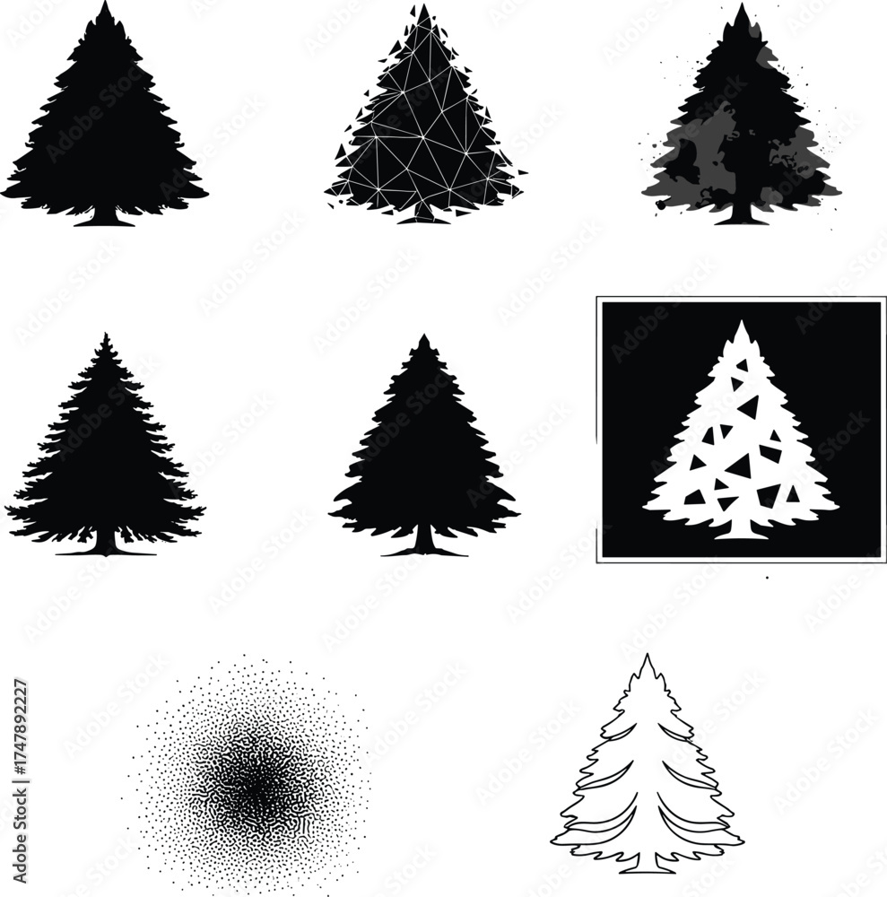 Fototapeta premium Stylized pine tree icon set, black and white forest vector pack, abstract and textured tree silhouettes, geometric and hand-drawn nature illustration, seasonal design