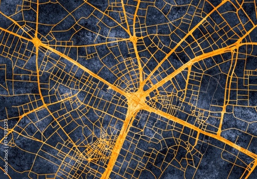 Aerial View of Urban Road Network with Bright Orange Lines and Dark Background