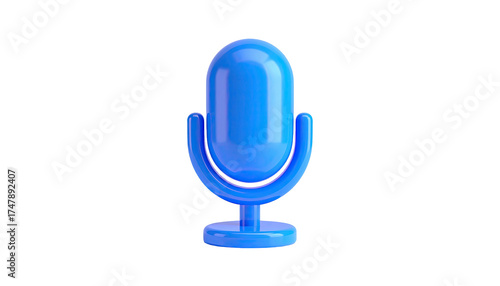 Glossy blue microphone icon on a black background, 3D rendering, minimalist design