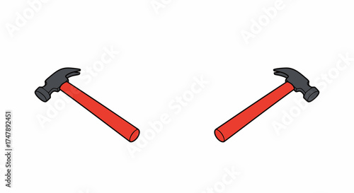 Two hammers with red handles positioned diagonally on a clean white background