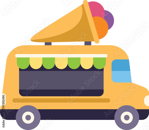 Classic yellow ice cream truck is parked, ready to serve customers its delicious frozen treats