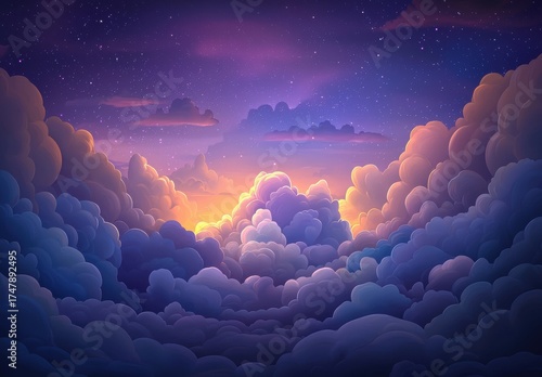 Serene Sunset Over Colorful Clouds in Night Sky Landscape