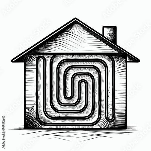 Illustration of a house with a heating system blueprint design