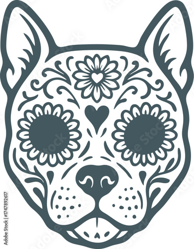 Dia de los Muertos Sugar Skull Dog Vector  Day of the Dead Animal Illustration	