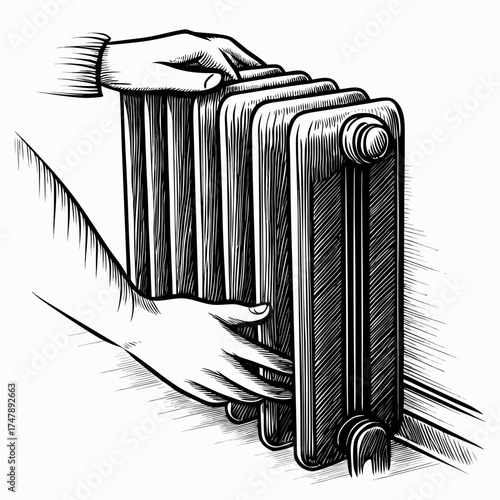 Illustration of a person adjusting a radiator in a home heating system
