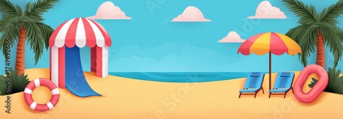 Colorful Beach Scene with Umbrella, Palm Trees, and Inflatable Ring